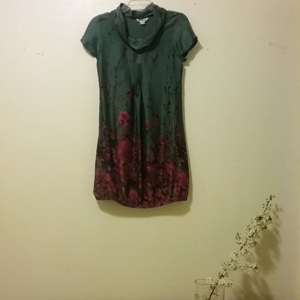 Vintage Silk Teal & Pink Cherry Blossom Dress